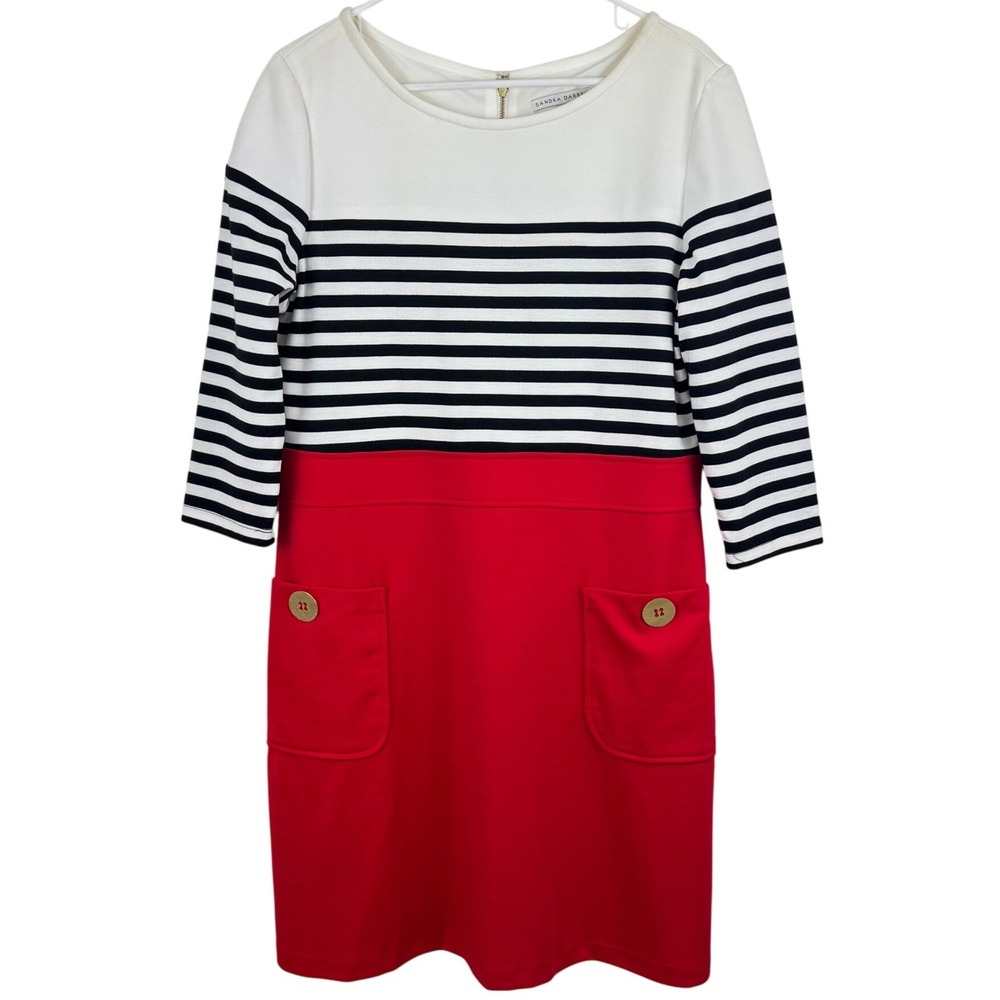 Sandra Darren Nautical Stripe Colorblock Dress Red White Black Preppy Chic‎